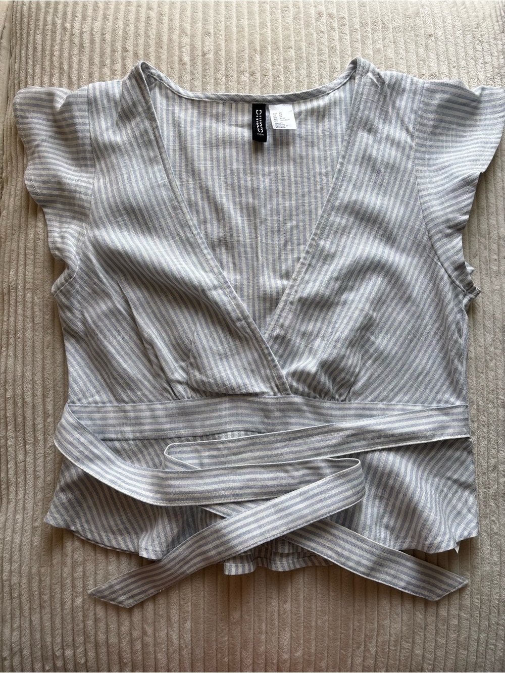 Divided blue and White Striped Wrap Blouse